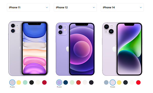 Màu tím trên iPhone 14 (ngoài cùng bên phải) là màu nhạt nhất trong ba màu